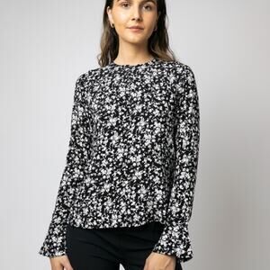 Ganni‎ Printed Crepe O Neck Blouse floral black white sz